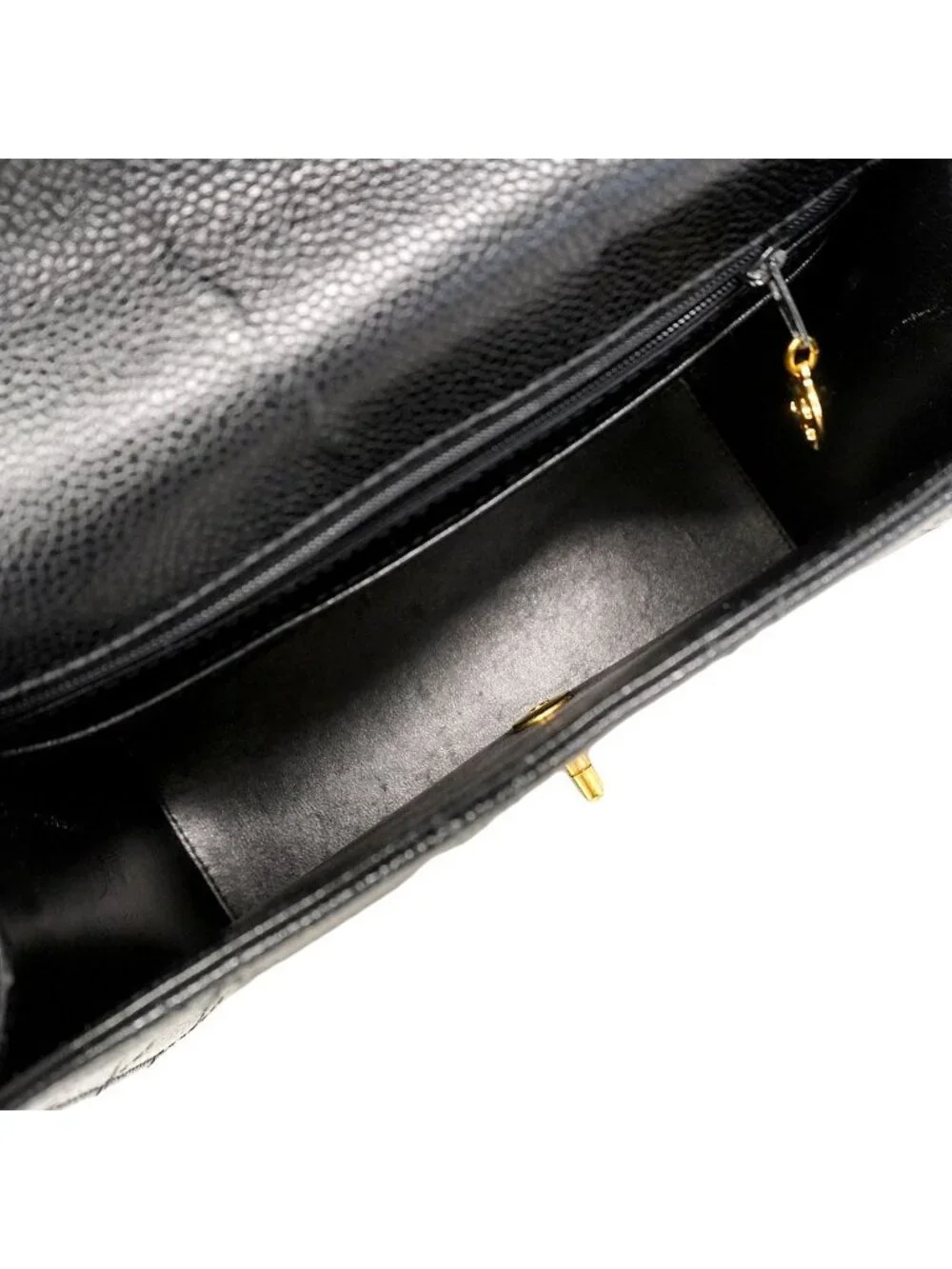 Chanel Shoulder Bag Quilted Caviar Leather Black Gold